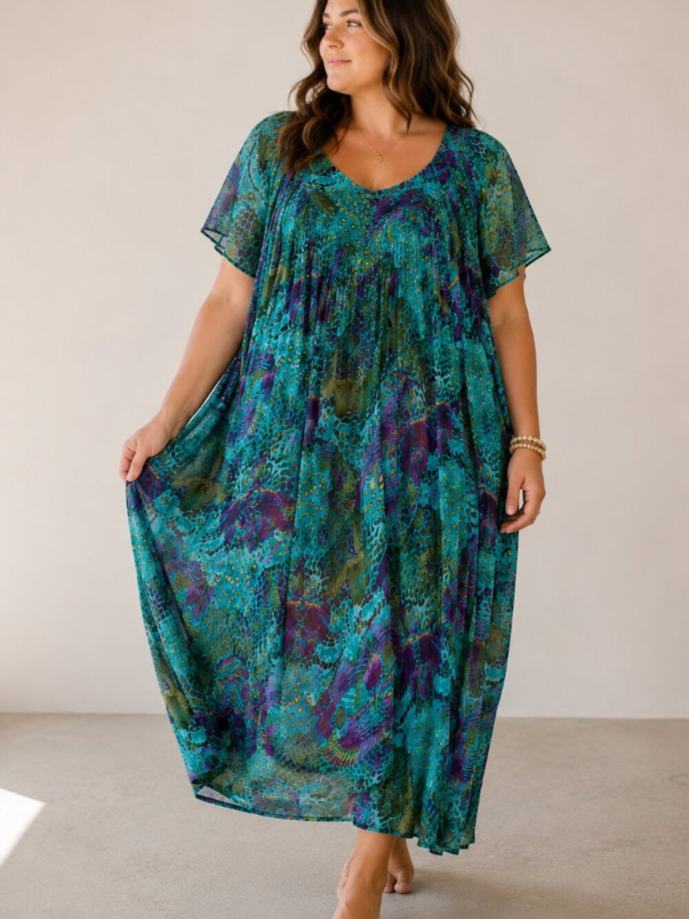 Vintage Boho Peacock Print Sheer Gauze Muumuu Midi Dress OS XL